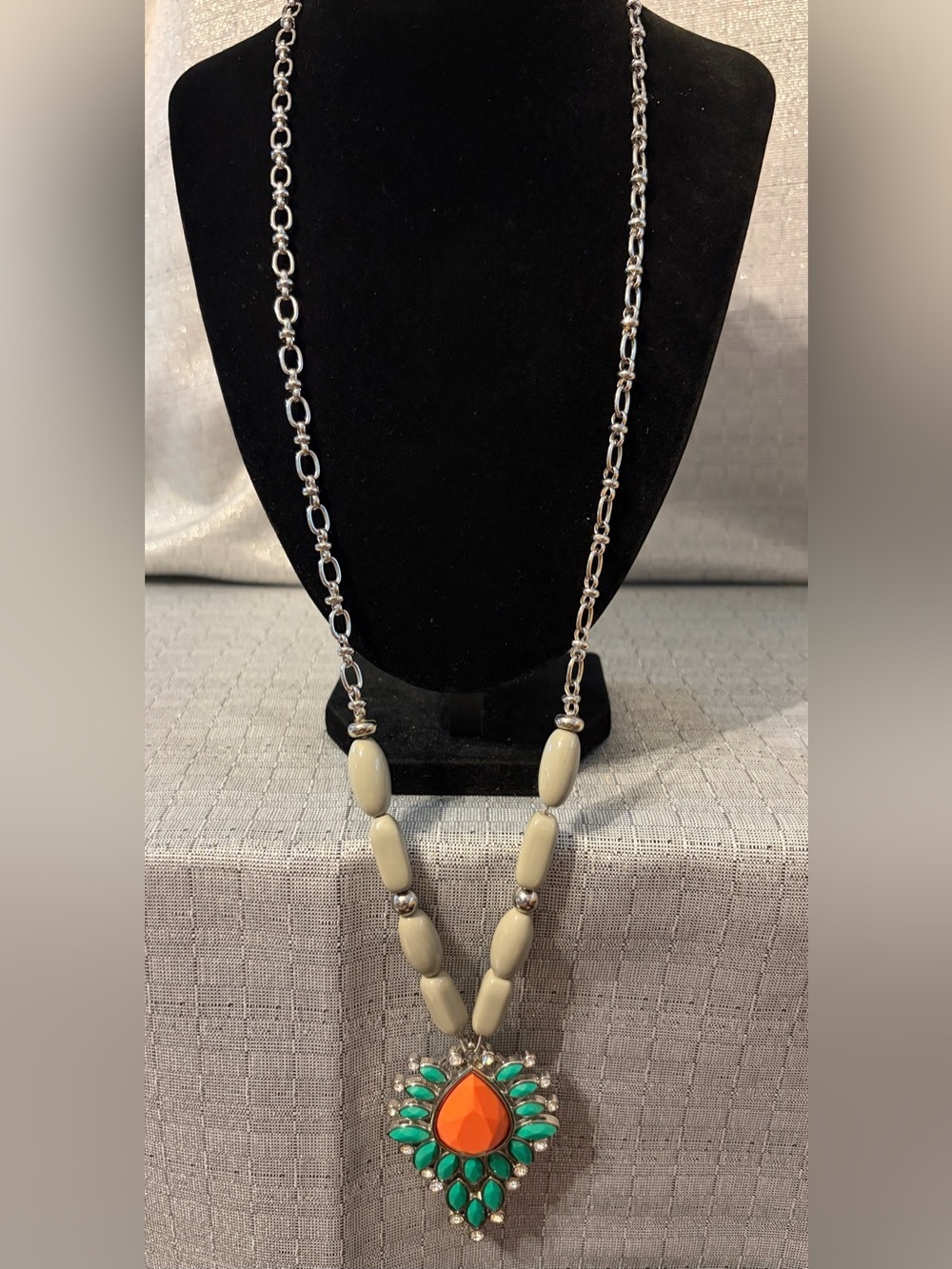 Lia Sophia Beige Bead Necklace with Orange and Teal Pendant